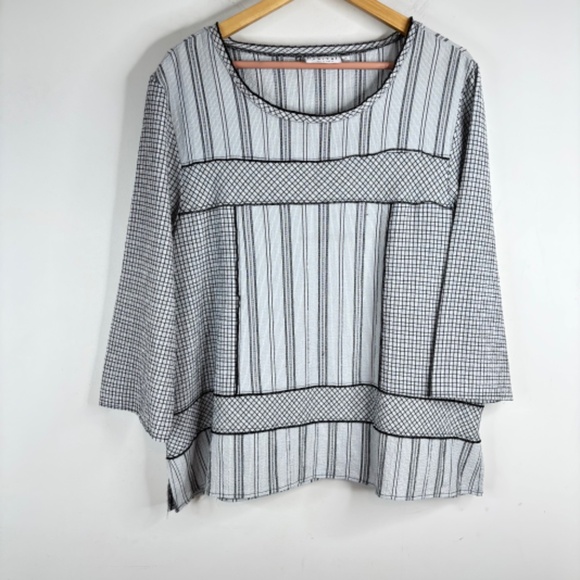 Habitat Boxy Tunic M 3/4 Sleeve Boho Lagenlook Mixed Print Black White Artsy - Picture 10 of 10